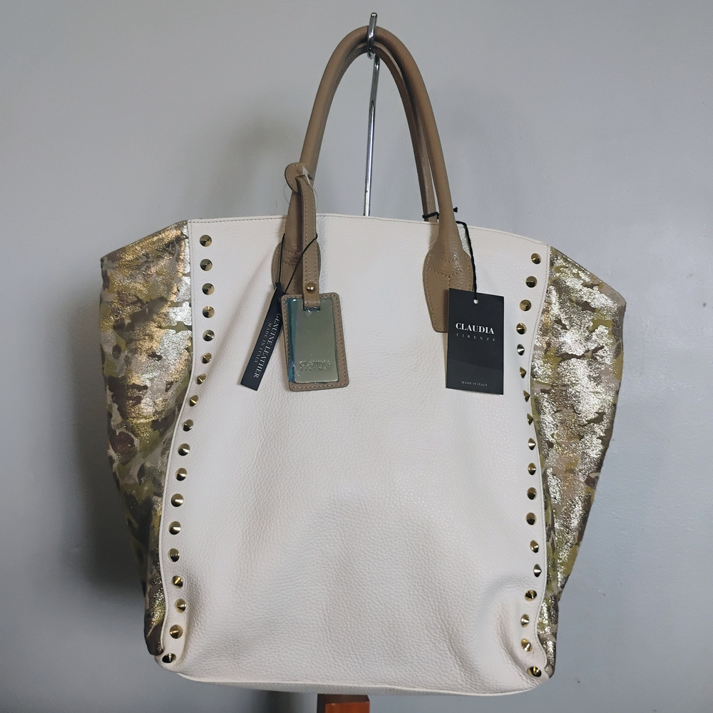 CLAUDIA FIRENZE White Italian Leather and Gold Pallet Camo Studed Bag